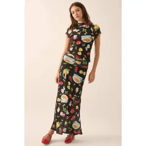 Molto Delizioso Printed Mesh Foldover Maxi Skirt