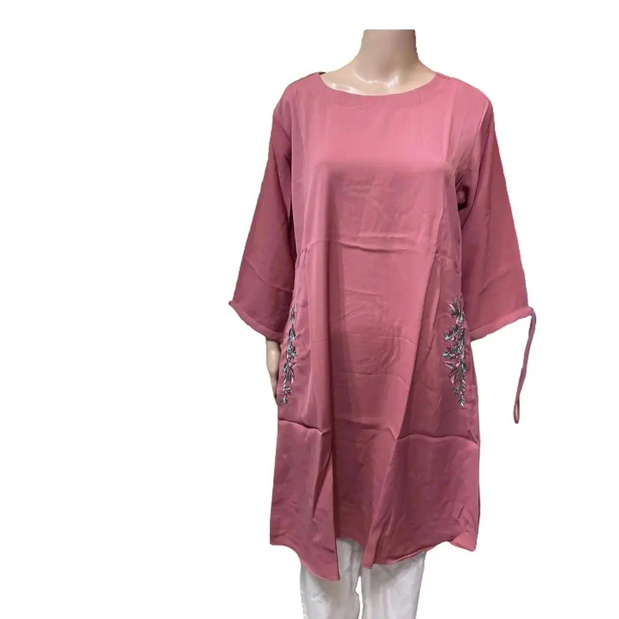 Rose Pink Embellished Kurti Tunic Top Round Neck 3/4 Sleeves Side Floral Detailing Adjustable Tie Top-37 XXL 2 Pieces  Summer Fashion Frill Design