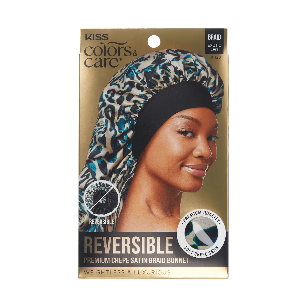 Kiss Colors & Care Crepe Satin Reversible Braid Bonnet - Exotic Leopard | Silk Bonnet, Sleep Bonnet, 24in Long, Hair Accessories