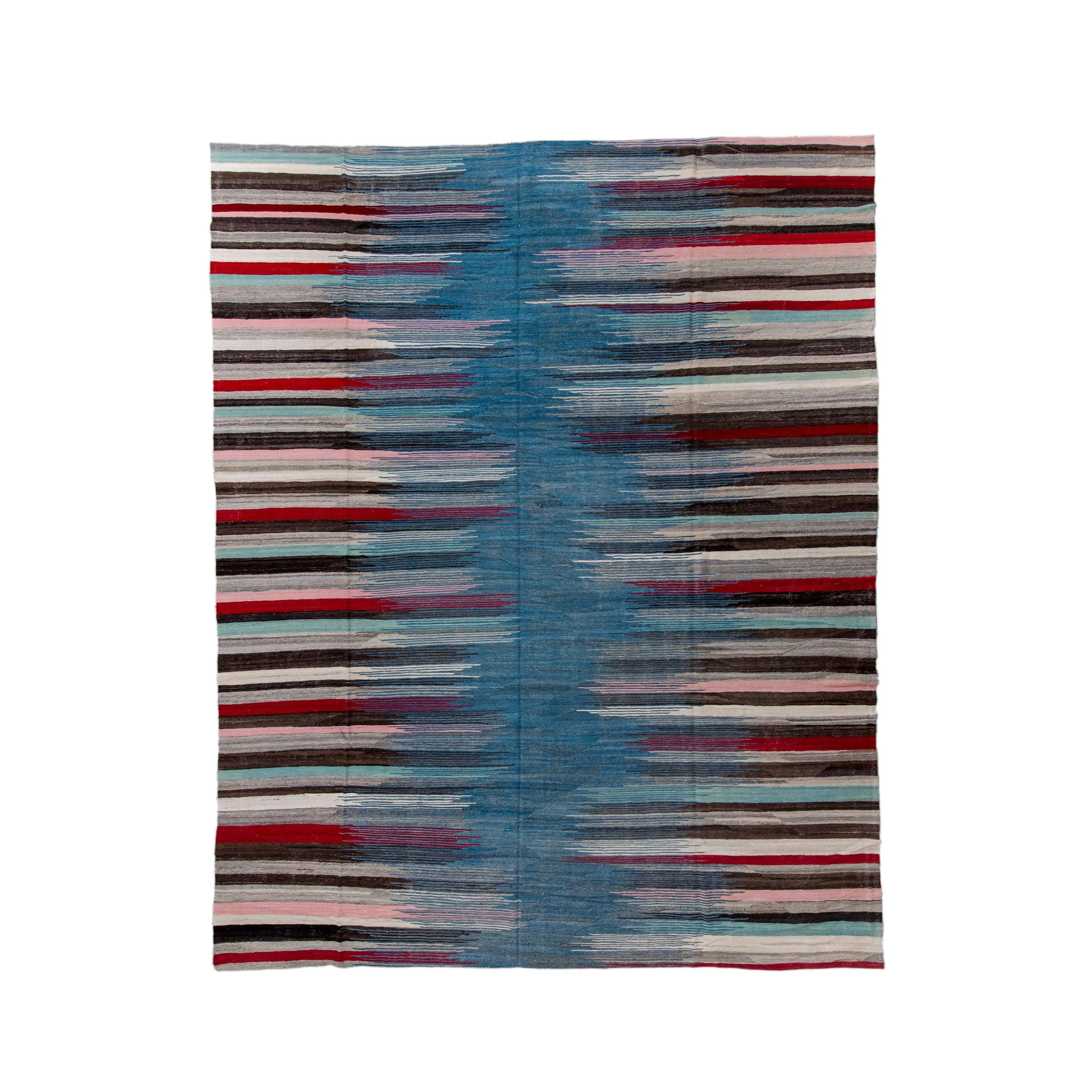 Modern Kilim flat weave | 13 x 16 | Area Rug | tribal design | red, pink, brown, beige, grey, blue, sky blue | hand woven (5034)