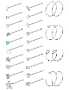 MILACOLATO 28Pcs 20G Unisex 316L Surgical Stainless Steel Body Piercing Kit, Hypoallergenic L-Shaped Screw & Bone-Shaped Nose Rings Studs, Round CZ Nose Hoops for Daily Wear