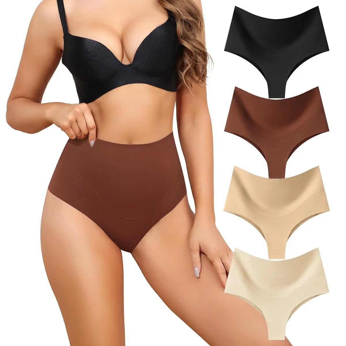 LEVAO 4 Pack Women's High Waist Seamless Shapewear Thongs, Gentle Tummy Control No Show Panties, Postpartum Shaper Underwear