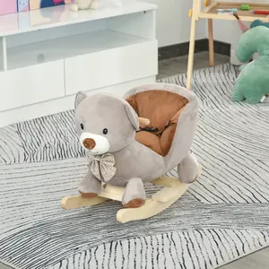 Qaba Kids Rocking Horse, Bear-Shaped Plush Toddler Ride on Horse with Sound, Wooden Base & Safety Belt for 18-36 Months, Gray