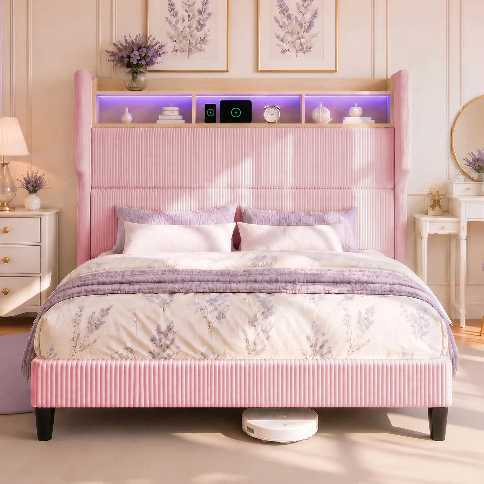 Pink Corduroy Upholstered Platform Bed Frame with 46-Inch Storage Headboard, LED Lights, Built-In Charging Station, and Slat Support, Twin/Full Size