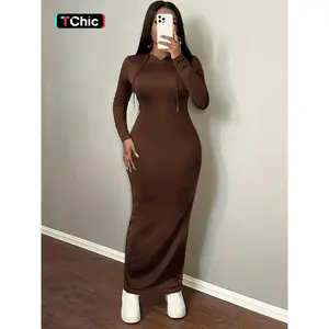 Women’s Casual Fashion Hooded Knit Sweatshirt Dress, Fitted, Long Sleeve Drop Shoulder Design, Autumn & Winter New Arrival, Comfortable Everyday Wear