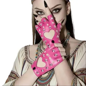 Dancing Half Finger Gloves Ladies Peach Heart Liuding Design Fashion Punk Rivet Thunderbolt Street Dance Performance Pole Dance Gloves