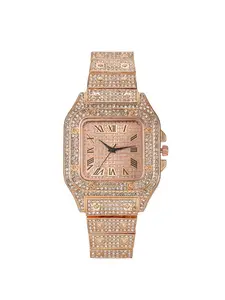 1pcs Fashionable square diamond-set full diamond Roman numeral dial quartz ladies' watch Diamond Wrist Watch