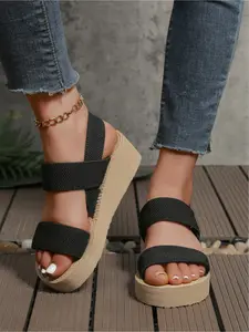 A pair of new large-size women's two-strap back-strap wedge heel slip-on sandals for outdoor wear, stylish, simple, comfortable for daily commuting and casual wear, with a thick sole