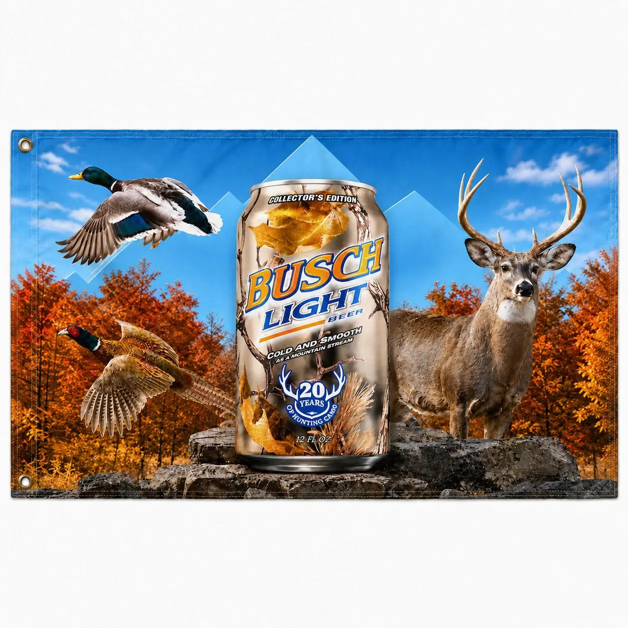 Busch Hunting Collector’s Edition Flag 3x5 Ft, Whitetail Deer Duck and Pheasant Beer Banner, Fall Outdoor Sports Wall Decor for Hunting Cabin, Garage or Man Cave, Gift for Hunters, Busch Fans and Wildlife Lovers