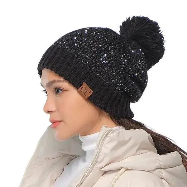 C.C Shimmery Sequin Pom Cuff for Women – Sparkling Knit Hat with Glamorous Sequin Accents and Fluffy Pom Detail beanie hat Everyday Wear Acrylic
