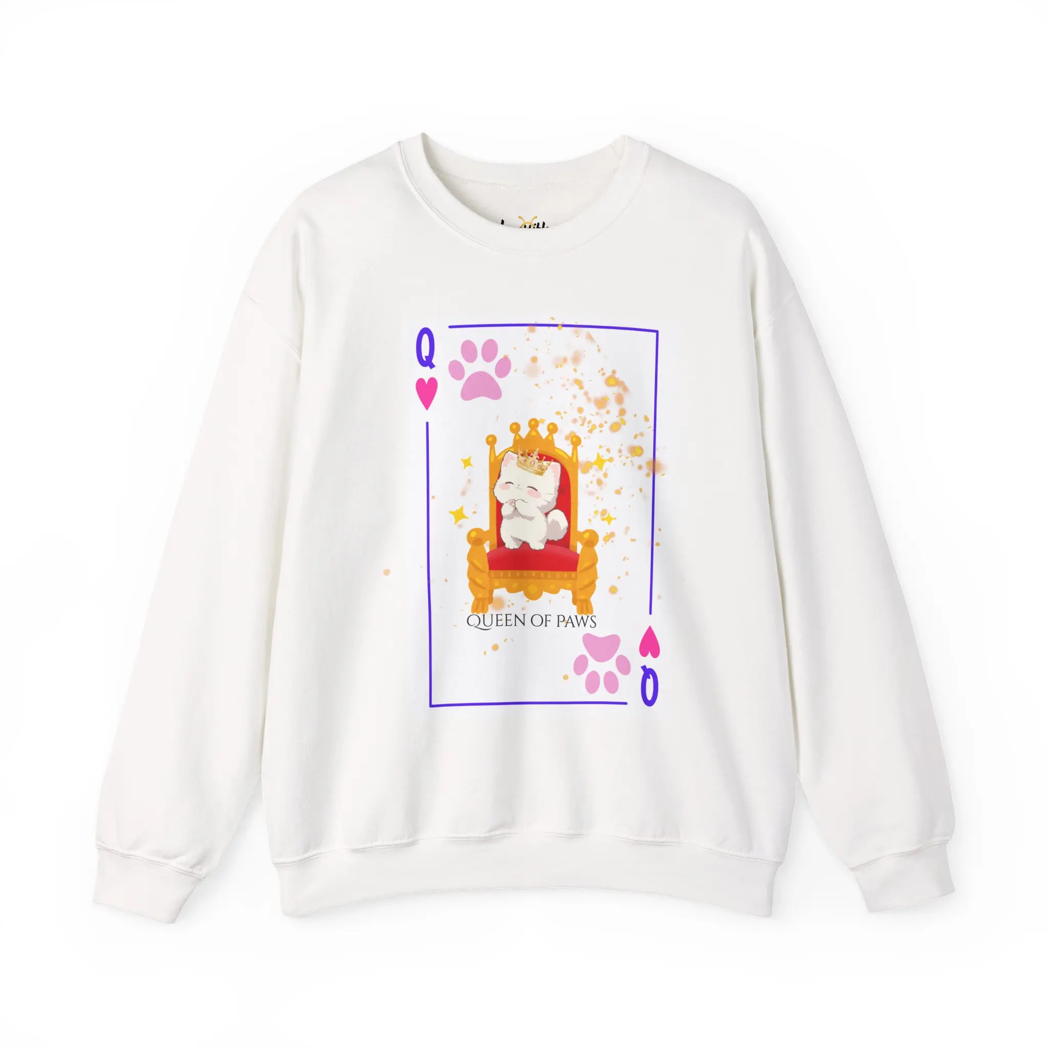 Men's Soft Cotton Knit Sweatshirt - Long Sleeve Round Neck Casual Knitwear with Embroidered/Printed Queen of Paws, Furry Golden Ribbed Knit, Cat Throne, Playing Card Designs & Drape Menswear Top, Fitted, Cute, Do Not Dry Clean, Non-Chlorine Bleach, Oeko-T