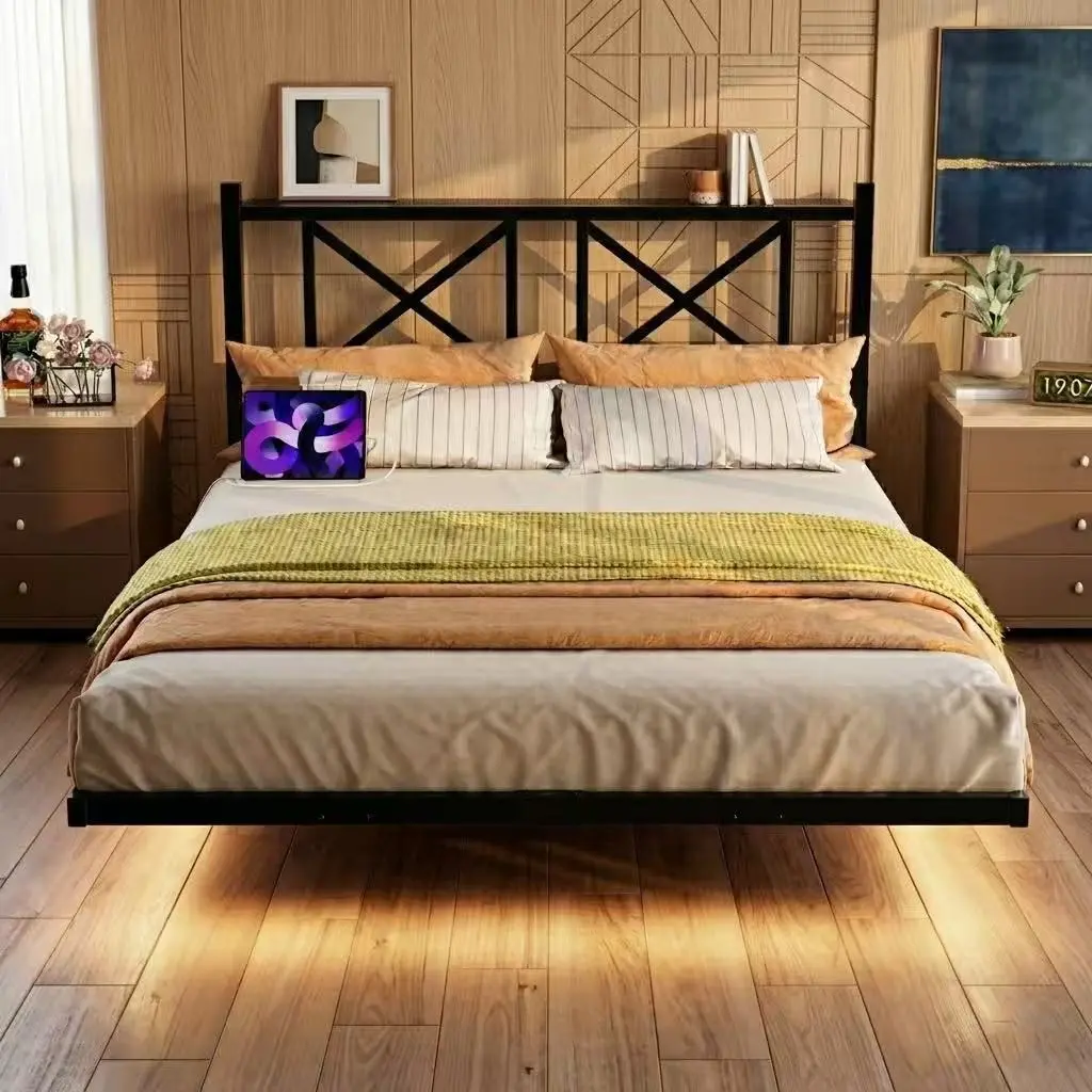 Queen Floating bedframe  with LED Lights & USB Charging Station, 81"L Storage Headboard with Outlets, Heavy Duty Steel Slats, No Box Spring Needed, Black cool platform