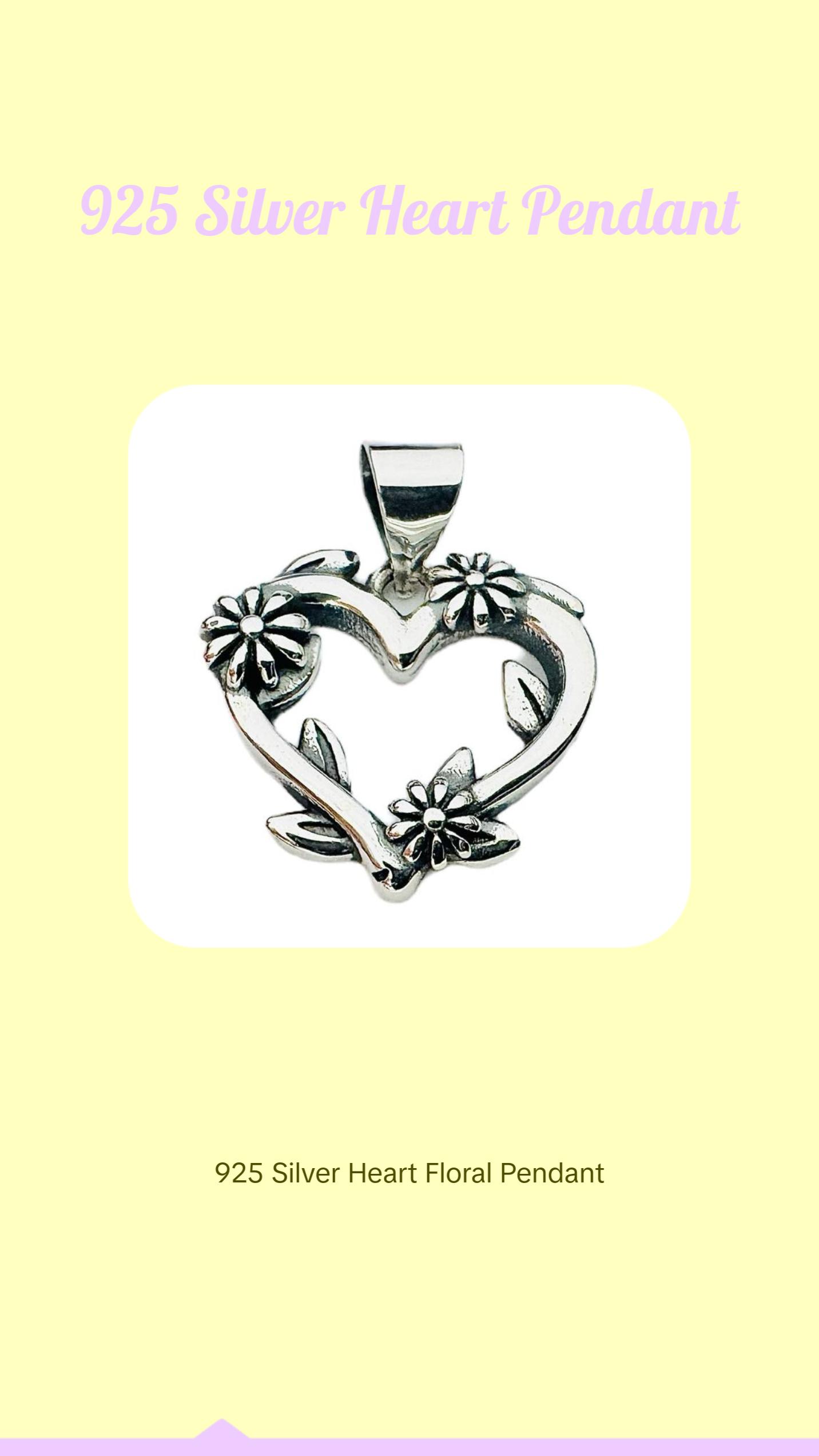 Silver Heart with Flowers Pendant, 925 Silver, Elegant Design for Everyday Jewelry and Accessories