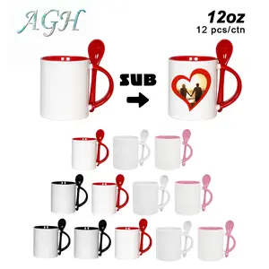 USA 12pcs 12oz Sublimation Blank Ceramic Mugs with Spoon Color handle Sublimacion Bulk Mugs for Coffee Tea DIY Crafts Gift Mug