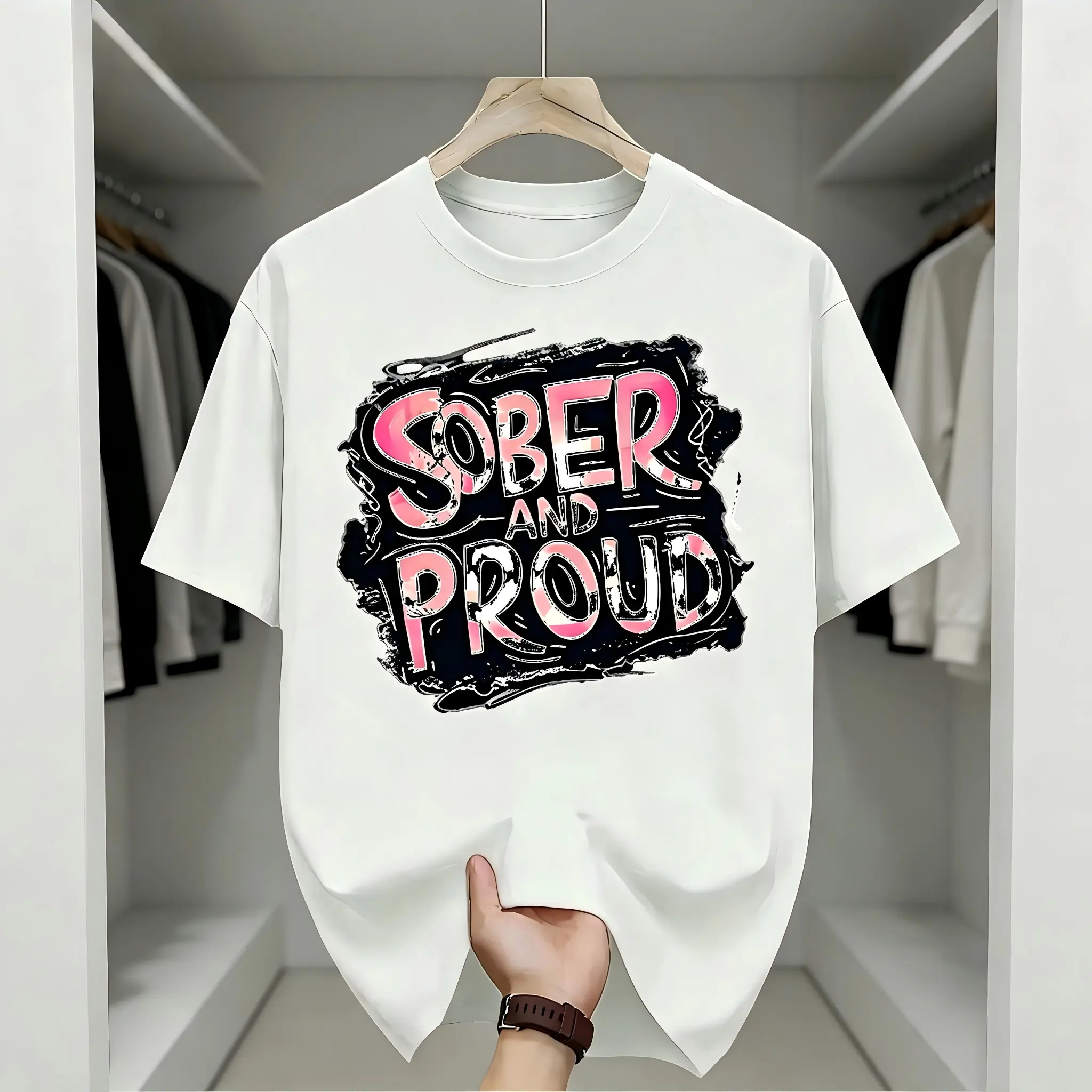 "Sober And Proud" Graffiti Text Unisex T-Shirt for Men & Women - Sobriety Recovery Graphic, Soft Breathable Cotton Crew Neck Short Sleeve, All-Season Summer Spring Casual, Great for Sober Lifestyle, Machine Washable