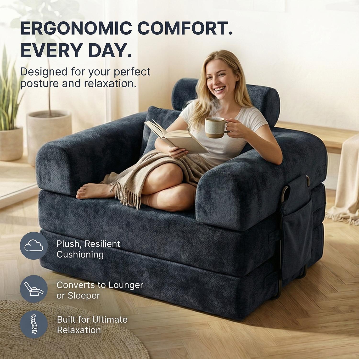 Deep seated single person modular living room bedroom convertible folding sofa bed, comfortable and soft corduroy fabric boneless and installation free with fixed frame design