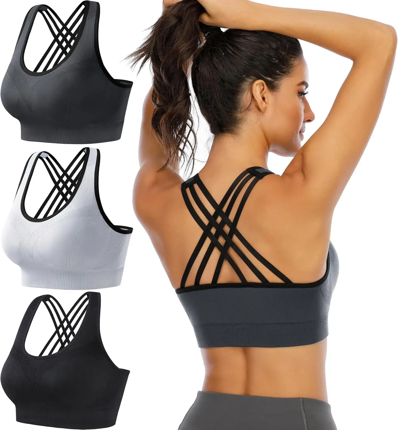 Ewedoos Women's Padded Strappy Criss Cross Sports Bras, Supportive Athletic Bras for Yoga & Workout, 3 Pack