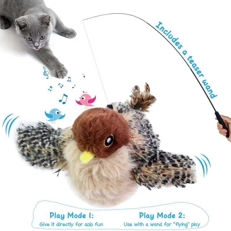 Plush Hanging Interactive Cat Toy - Rechargeable, Touch-Activated, Durable and Safe, Realistic Sparrow Design, Realistic Bird Sounds, Machine-Washable Cover, Hanging Loop, Wand Included, Stimulates Hunting Instincts, Eliminates Boredom for Kittens