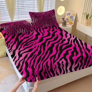 Black & Pink Zebra Print Fitted Sheet Set, 1 Bed Fitted +2 Pillowcases No Core, Hot Pink Base with Black Zebra Print, Y2K Millennial Style Bedding Non-Slip, Soft Breathable Fabric, Girls Bedroom Decor
