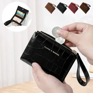 Vegan Leather Womens Bifold Wallet, RFID Blocking Card Holder with Zipper, ID Window, Wrist Strap, Key Ring, Compact Coin Purse, Black Croco Pattern, Daily Use Gift