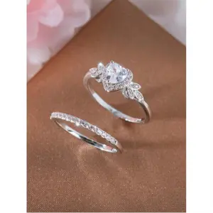 2pcs Classic Heart-shaped  for Women, Suitable for Couples' Engagement, Proposal, Luxurious  Gift (No Box) fashion jewelry ring