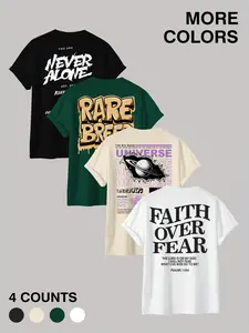 ✝️🌌4 Pack Faith & Streetwear Graphic Tees | Faith Over Fear Bible Verse & Universe Print T-Shirts | Never Alone Rare Breed Casual Tops