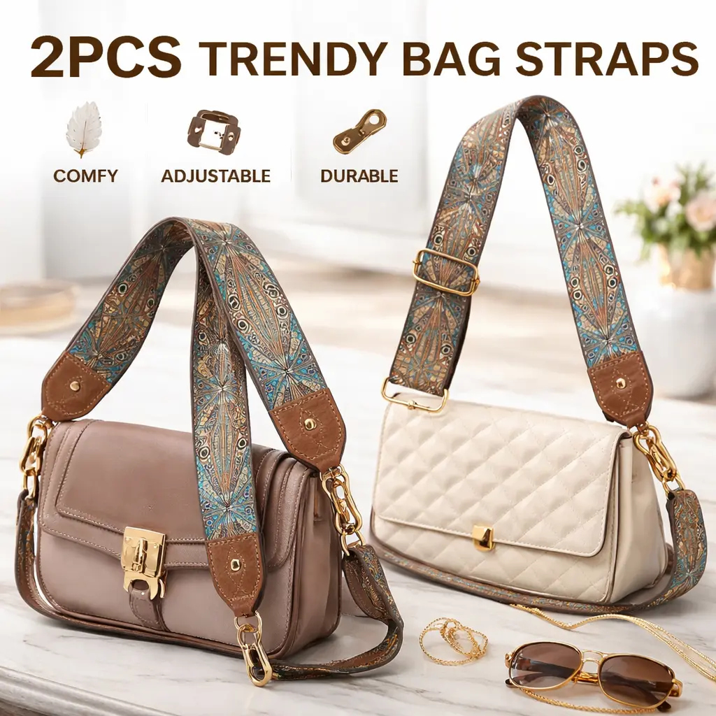 Brown Flower Cow Hide Crazy Horse Leather Bag Accessories (2pcs) - 2-in Wide Adjustable Replacement Straps, 30-51 in, Retro Jacquard Embroidery, 360° Rotating Head, Buckle, Cotton, for Christmas/Anniversary Gifting