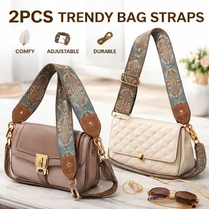 2 Pack 2" Wide Crazy Horse Leather Purse Strap – Adjustable Replacement Crossbody Bag Strap, Retro Jacquard Embroidery, Brown Flower