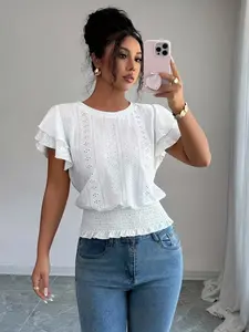 Summer Women's Elegant Casual Ruffle Vacation Jacquard Round Neck Short Sleeve T-Shirt, Perfect for Work, Home, Dates, Valentine's Night