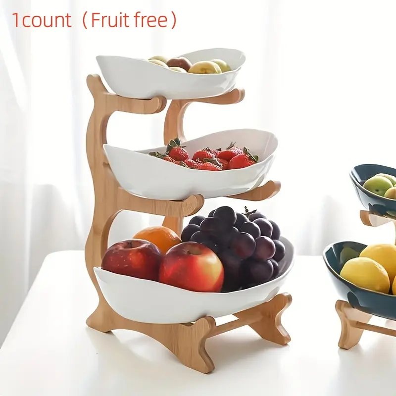 Three/layer Elliptical Fruit Basket with Bamboo Stand, Durable PP Kitchen Storage Rack, Modern Style, Suitable for Kitchen and Party Serving Tray, Dessert Table Display, Kitchen Organization Products