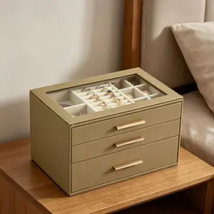 1pc 3-Layer Drawer Jewelry Box, Large Capacity with Skylight, 25.5cm*15cm*15.5cm, PU + Pearl Velvet
