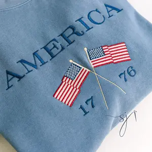 America Flags Embroidered Crewneck Sweatshirt Usa 4th Of July Independence Day Red White And Blue United States American