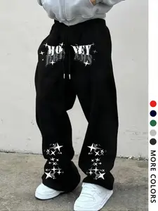 Men's Casual Sporty Long Pants, Jogging Pants, Letter & Star Print Drawstring Wide Leg Joggers, Loose Fit All Season Men's Clothing