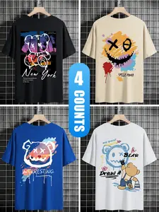 Men's Casual Vintage Round Neck Short Sleeve T-Shirt, Cartoon Bear Print, Street Style, Comfortable Breathable Fabric, 4 Pack