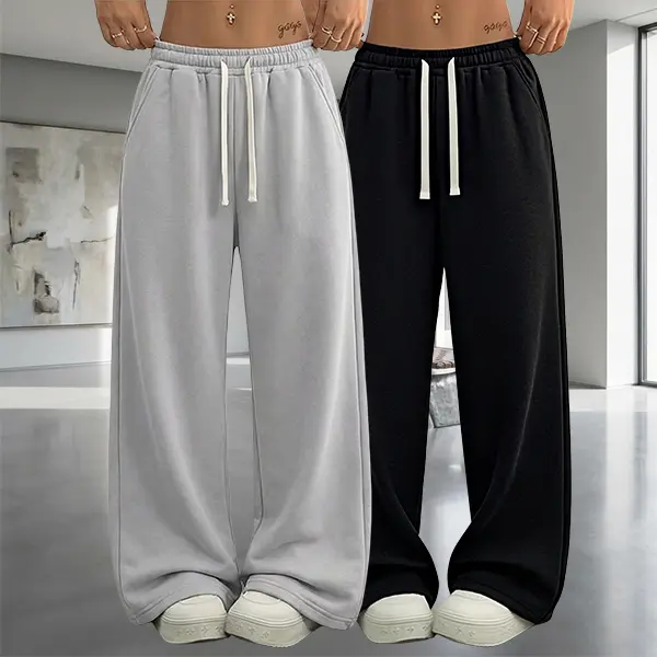 Pack of 2 — Women’s loose regular-fit solid-color drawstring sweatpants with a wide waistband, polyester fabric, casual spring/autumn style, pocket design, suitable for everyday wear, unisex style, plus sizes available.