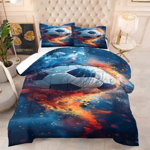 2/3 Pcs Water-Fire Soccer Quilt Set, Includes Warm Soft Comforter & 1/2 Empty Pillowcases, Cloud-fluffy Skin-friendly All-season, Fits Sports-themed Homestay/Fan Community Apartment/Community Operators/Soccer Fans, Water-Fire Soccer Fan Set