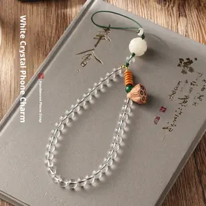 Natural White Crystal Phone Charm Small Lotus Pendant Zodiac Sign Amulet Wrist Strap for Women Girls Jewelry Accessory
