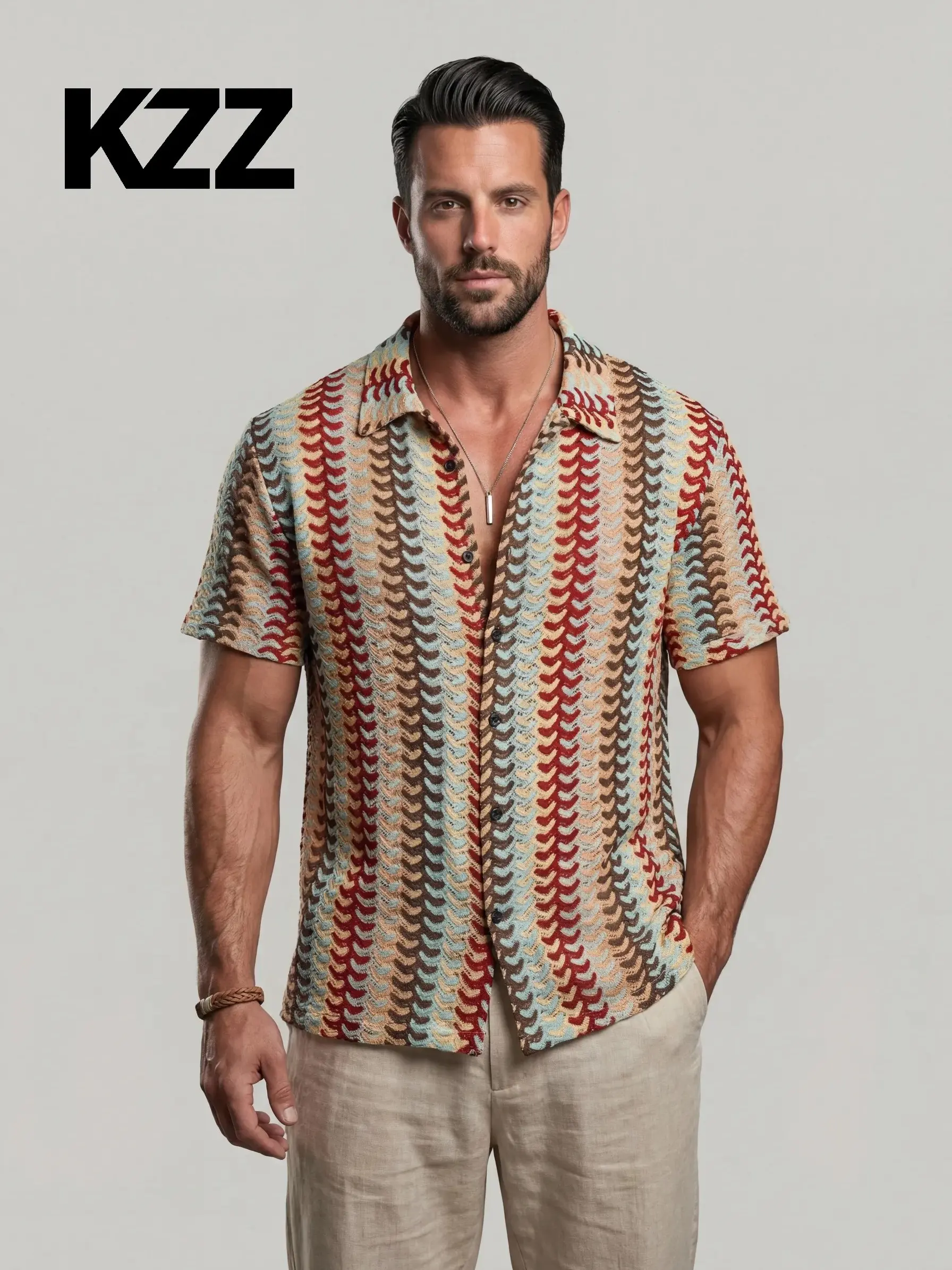 KZZ Men's Openwork Knit Shirt, Stylish Short Sleeve Casual Street Top with Colorful Drawstring, Breathable Fabric for Summer, Breathable Clothes, Shortsleeve, Knitted, Casual Beach Shirt, Fashion Apparel, Lace Up, Knitted Fabric