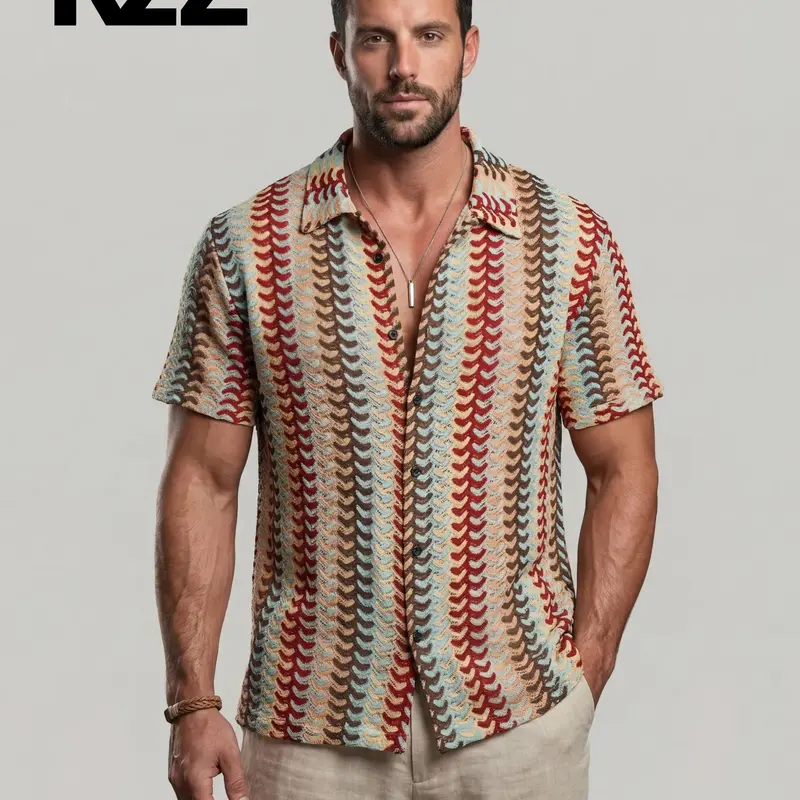 KZZ Men's Openwork Knitted Collared Short Sleeve Shirt - Breathable Lacework Top for Sensitive Skin Wearers, Colorful Drawstring Streetwear, Summer Beach Casual Lace-Up Garment
