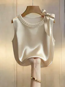 Women's Sleeveless Elegant Top with Pearl Collar and Bow, Casual and Formal Design, Perfect for Daily Use, Fitted Style, Feminine