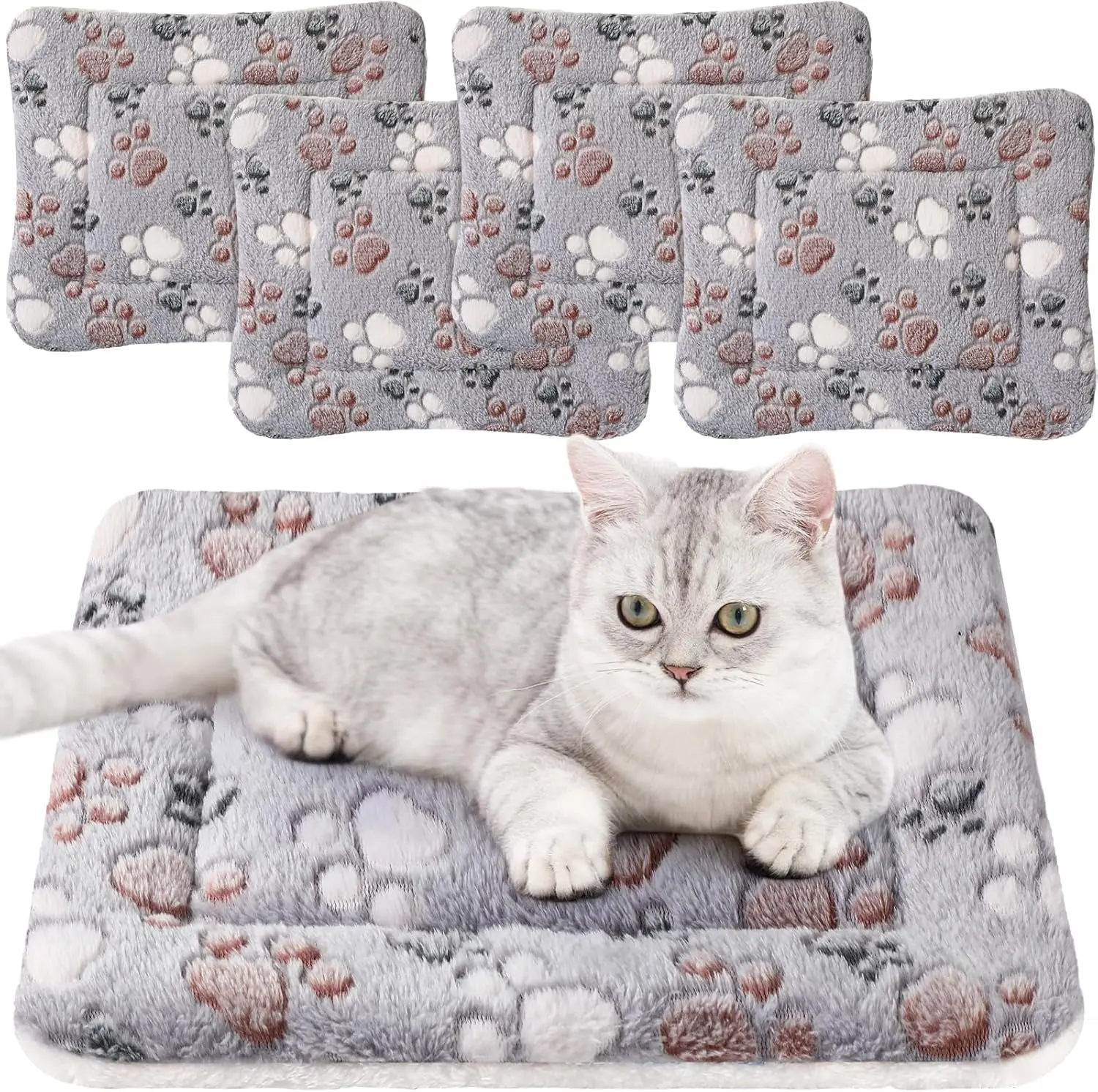 4-Pack Ultra Soft Coral Synthetic Pet Bed Mat with Cute Paw Prints, Reversible Fleece, Thickened Washable Crate Kennel Pad for Hamsters (13x19 Inches, Light Gray), Softness