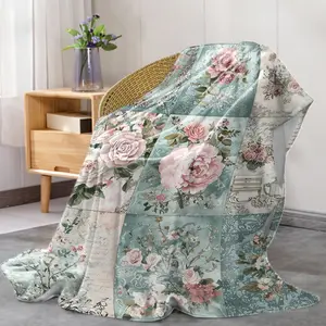 1pc Mid-Century Vintage Floral Patchwork Throw Blanket, Soft Polyester, All-Season Cozy Warm Versatile, for Bed, Sofa, Office, Camping