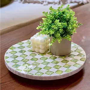 12" Checkered Lazy Susan for Tabletop, Handcrafted Mother of Pearl Turntable Organizer for Kitchen Counter, Coffee Table, Bathroom, Dining or Organizing (Pistachio Green)