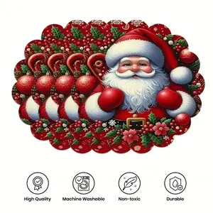 2D flat printing, 2-piece/4-piece/6-piece/8-piece set, Santa Claus placemat set, washable linen circular placemat with holiday design, perfect for Christmas and birthday party decoration, Christmas table decoration
