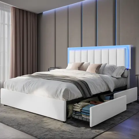 HOMBCK Queen Size Bed Frame with Storage - PU Build, Foam-Padded Headboard, 4 Drawer Storage, 12-Slat Stability, Music-Sync Lights, Foam-Quiet Design, No Box Spring Needed, Easy Assembly, Small-Space Saver, Mattress Not Included, Modern Indoor Furniture