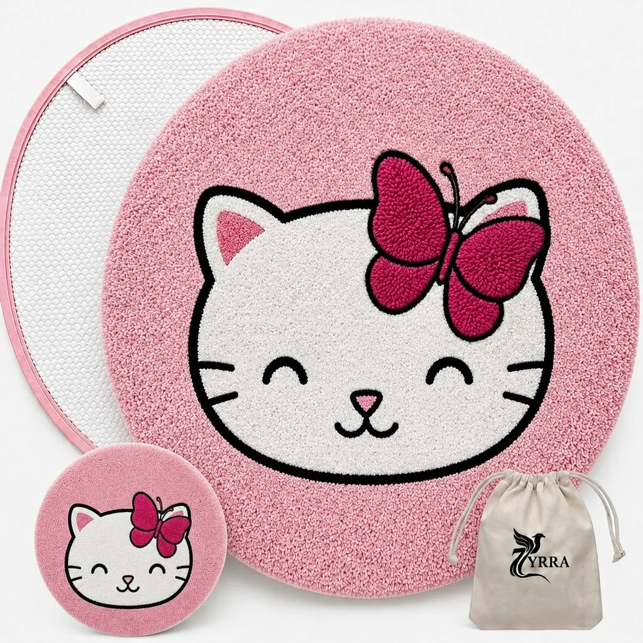 Zyrra Butterfly Cat Rug for Cute Room Decor - 32x32" Soft Pink Rug for girls bedroom - Fluffy  Machine Washable Kids Mat for Princess Room Decor - Non Slip Mat As Birthday Gift for Girls