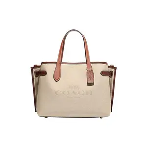 COACH Carryall Logo Print Fabric and Cowhide Crossbody Handbag for Women, Large, Beige