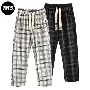 Men's 2-Piece  Retro Plaid Wide-Leg Trousers with Elastic Waist and Drawstring  Casual Streetwear for Daily Wear, Campus, and Commuting
