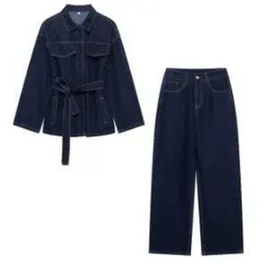 Trendy Retro Denim Jacket and Pants with A Belted Waist and Collar.