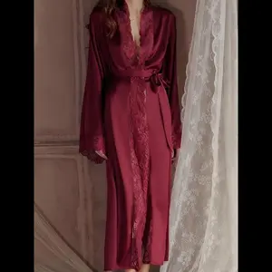 Women’s satin robe with contrast lace and belt, long-sleeve V-neck lounge robe, bridal robe, women’s sleepwear for spring and fall (sleep shirt)